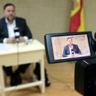 Recurs del visor de la càmera de vídeo durant la roda de premsa que Oriol Junqueras ha ofert per a l'ACN des de Soto del Real aquest 19 d'abril de 2019.