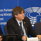 Carles Puigdemont durant la roda de premsa del 13 de gener del 2020 al Parlament Europeu.