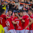 Els jugadors del Nàstic celebren un gol anotat contra l'Ebro disputat al Nou Estadi, que va acabar amb victòria grana (4-1).