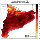 Mapa de temperaturas previstas en Cataluña.