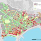 El mapa del centro de Tarragona en el cual el geógrafo analiza la anchura de las aceras y las calles para peatones.