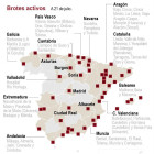 Mapa de brotes de coronavirus en España a 21 julio.