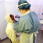 Una enfermera cogiendo muestras por|para la prueba PCR de detección de la covid a un empleado de Padesa en Roquetes.