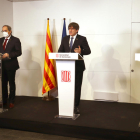 Los expresidentes de la Generalitat, Artur Mas, Carles Puigdemont y Quim Torra, en una rueda de prensa en Perpiñán