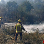 Imagen de archivo de dos bomberos trabajando en un fuego de vegetación.