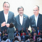 Los candidatos de JxCat Josep Rull, Jordi Sànchez y Jordi Turull, en videoconferencia
