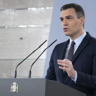 El president del govern espanyol, Pedro Sánchez, en roda de premsa a la Moncloa