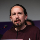 Pablo Iglesias en la sede de Unidas Podemos donde ha anunciado su retirada.