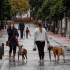 Dos noies passejant el seus gossos.