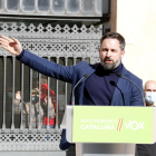Plano medio del presidente de Vox, Santiago Abascal, en el acto electoral en Tortosa.