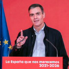 El president espanyol i líder del PSOE, Pedro Sánchez, en el seu discurs a Ferraz amb el lema 'L'Espanya que ens mereixem 2021-2026'