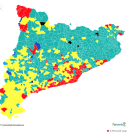 Mapa del partit guanyador per municipi en les eleccions al Parlament de Catalunya del 14 de febrer del 2021.