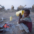 Un niño pastor de camellos bebe leche de uno de los animales que cuida en el desierto del norte de Kenia.