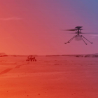 Ilustración cedida hoy por la NASA que muestra cómo sería un vuelo del helicóptero Ingenuity en Marte.