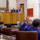 Un diputado de Vox indica el sentit negatiu del seu vot a una votació al parlament andalús.