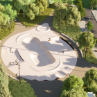 L'aspecte que tindrà l'àmbit dedicat a l'skatepark, amb diferents elements i envoltat per vegetació.