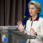 La presidenta de la Comissió Europea, Ursula Von der Leyen, durant la roda de premsa de la cimera europea telemàtica.