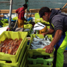 Un mariner descarregant caixes de peix al Serrallo de Tarragona.