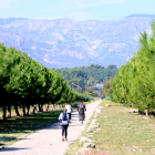 Usuarios circulando por el tramo de la vía verde de la Vale de Zafán entre Tortosa y Roquetes.