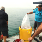 Plano general de dos miembros de la brigada de L'Ampolla y el profesor Fernando Condal poniendo un filtro nuevo en una las boyas SB Buoy.