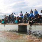 El vertido de sedimentos en el río por parte de las entidades defensoras del Delta en la acción simbólica celebrada al parque fluvial de Deltebre.