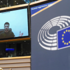El president ucraïnès, Volodímir Zelenski, intervé per videoconferència en el ple extraordinari de l'Eurocambra.