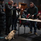 Un grup de civils aprenen a utilitzar armes en una sessió d'entrenament en un cinema a Lviv.