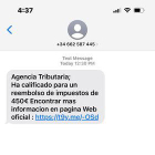 MIssatge de texto que suplanta la Agencia Tributaria.