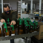 Un treballador de la cooperativa de La Palma d'Ebre etiquetan garrafes d'oli.