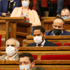 El presidente de Cs en el Parlament, Carlos Carrizoa; el de Vox, Ignacio Garriga; y el del PPC, Alejandro Fernández.