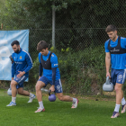 Lupu, Gorostidi i Pochettino durant l'entrenament que es va disputar ahir a l'annex del Nou Estadi.