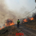 Un moment dels treballs dels Bombers en l'incendi ubicat a la Catalunya Nord.