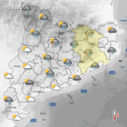 Imatge de la previsió del Meteocat per diumenge a la tarda, quan les precipitacions podrien fer acte de presència a tot Catalunya.