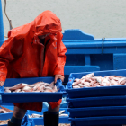 Un pescador de Cambrils transportant el peix en caixes.