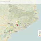 Mapa de distribució a Catalunya dels projectes eòlics en servei.
