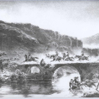 Grabado que reproduce el paso de las tropas de Napoleón por el puente de Goi.