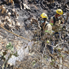 Dos bomberos acaban de remojar una zona que todavía humea por el fuego de Portbou.