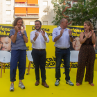 Laura Castel, Pere Aragonès, Jordi Salvador y Raquel Sans, ayer en el acto de campaña de ERC en la plaza Verdaguer.