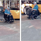 Un usuari de cadira de rodes ha de continuar per la calçada perquè no pot enfilar-se a la vorera.