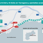 Mapa de donde se ubicarán los carriles peatonales y bicis y las pantallas acústicas en Tarragona.