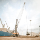 Grúas del puerto de Tarragona trabajando en el movimiento de cereales.