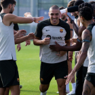 Oriol Romeu en el seu primer entrenament amb el FC Barcelona després del seu retorn.