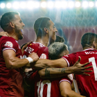 Els jugadors del Nàstic celebrant el gol de la victòria de Nacho González.