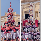 D'esquerra a dreta, el 3de10fm carregat dels Castellers de Vilafranca, el 4de9fp de la Vella, el 2de9fm de la Jove de Tarragona i el 4de9f dels Xiquets, ahir, a la plaça de la Font.