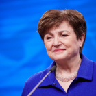 La presidenta del Fons Monetari Internacional (FMI), Kristalina Georgieva, en una roda de premsa posterior a la celebració de l'Eurogrup a Brussel·les.