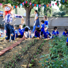 Alumnes de l'Escola 21 d'Abril de l'Aldea trballant al seu hort ecològic, al pati del centre.