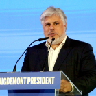El director de campanya i president del grup parlamentari, Albert Batet, durant la seva compareixença a Argelers.