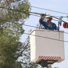 Un operari d'Endesa treballa en la substitució del cablejat convencional en cable trenat  a Montferri.