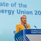 L'eurocomissària d'energia, Kadri Simson, durant la presentació de l'informe anual sobre la situació energètica de la Unió Europea.