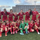 Les jugadores del Nàstic Femení després de la darrera victòria a la Ciutat Esportiva.